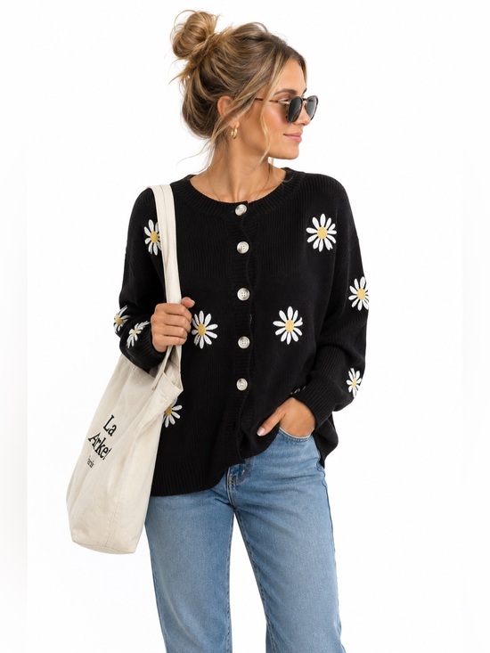 Sweaters - Black Daisy 90’s Button-Front Vintage Women's Sweater Cardigan